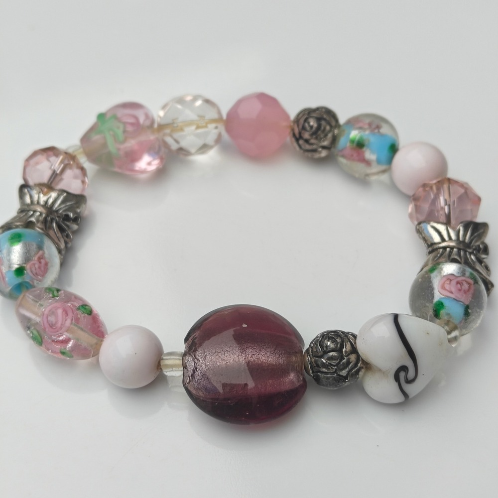 Pink Floral Lampwork Glass & Butterfly Bead Stretch Bracelet Silver Tone 7in